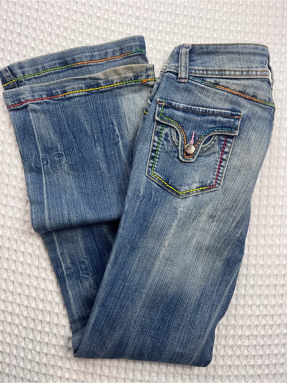 De.Coded Jeans Size 5/6 Rainbow Stitch Bootcut Distressed Denim